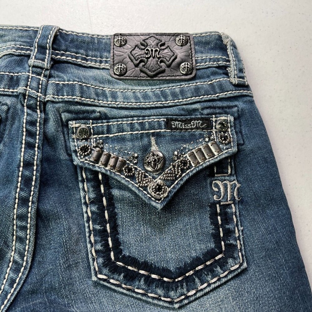 Miss Me Girls Dark Blue Distressed Denim Bermuda Shorts - Picture 4 of 13
